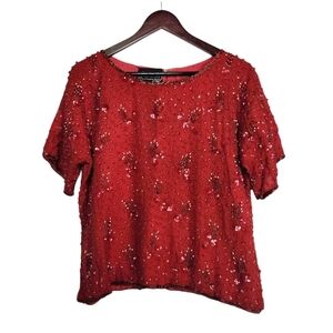 Vintage Red Sequined Beaded short sleeve top Silk blouse Holiday Party Valentine
